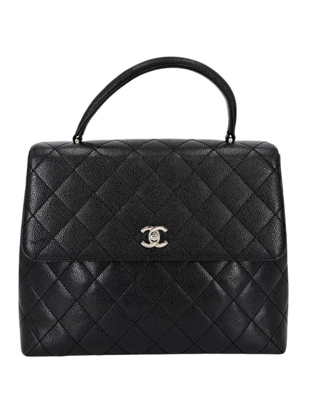 Chanel Handbag Quilted CC Logo Turnlock Top Handle Caviar Leather Black Silver